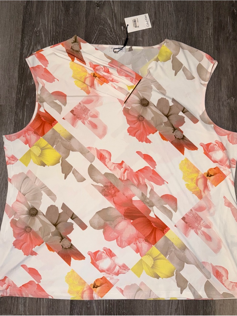 Calvin Klein Floral V-Neck Sleeveless Top - Coral, Yellow & Taupe